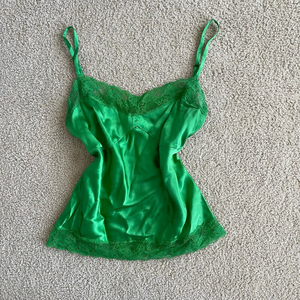 Y2K 2000s Green Lace Trim Silk Fairycore Slip Cami  - Size M